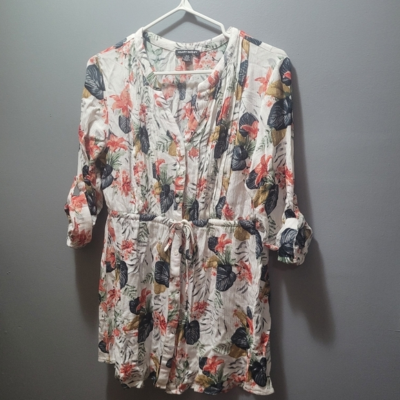 Hilary Radley White Floral Print V Neck Button Up Shirt S - Picture 1 of 5